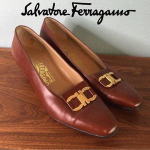 Salvatore Ferragamo Chocolate Brown Pumps with Signature Gold Buckle